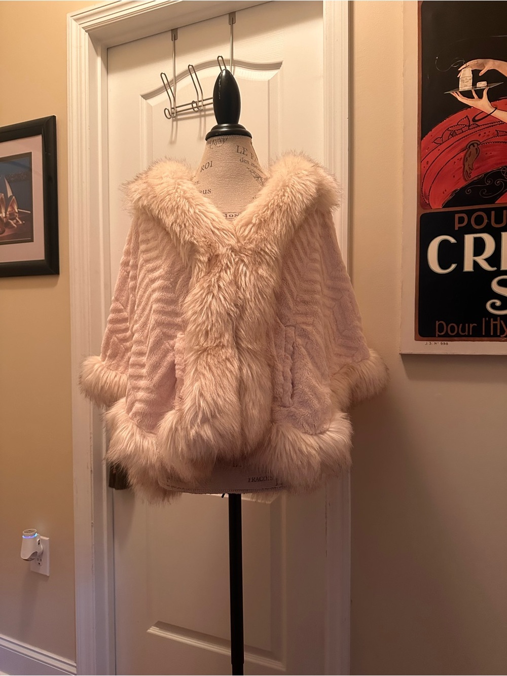 Plush Cream Faux-Fur Trim Cape